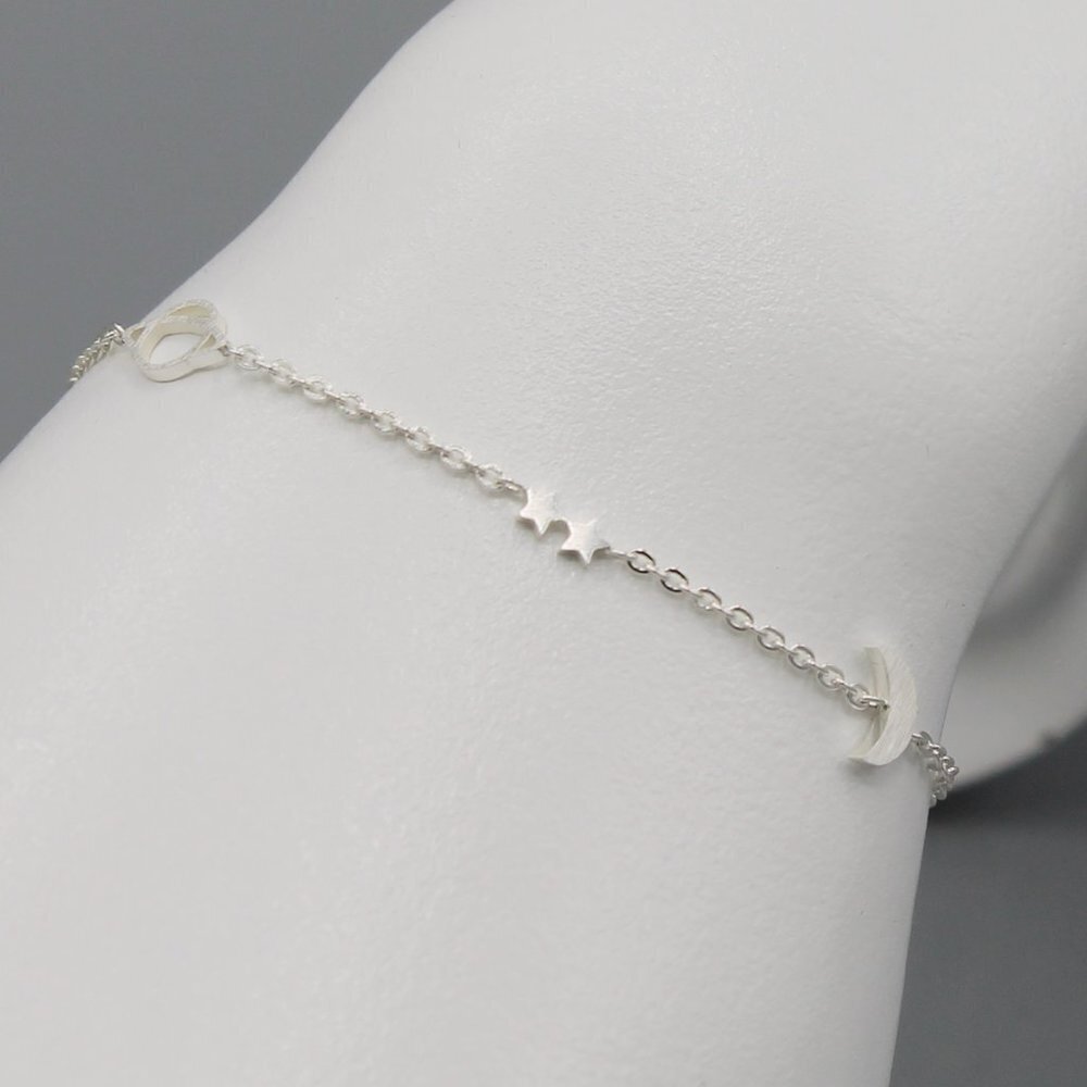 Moon stars planet space bracelet white gold tone stainless steel dainty